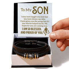 black leather mens bracelet with card for son